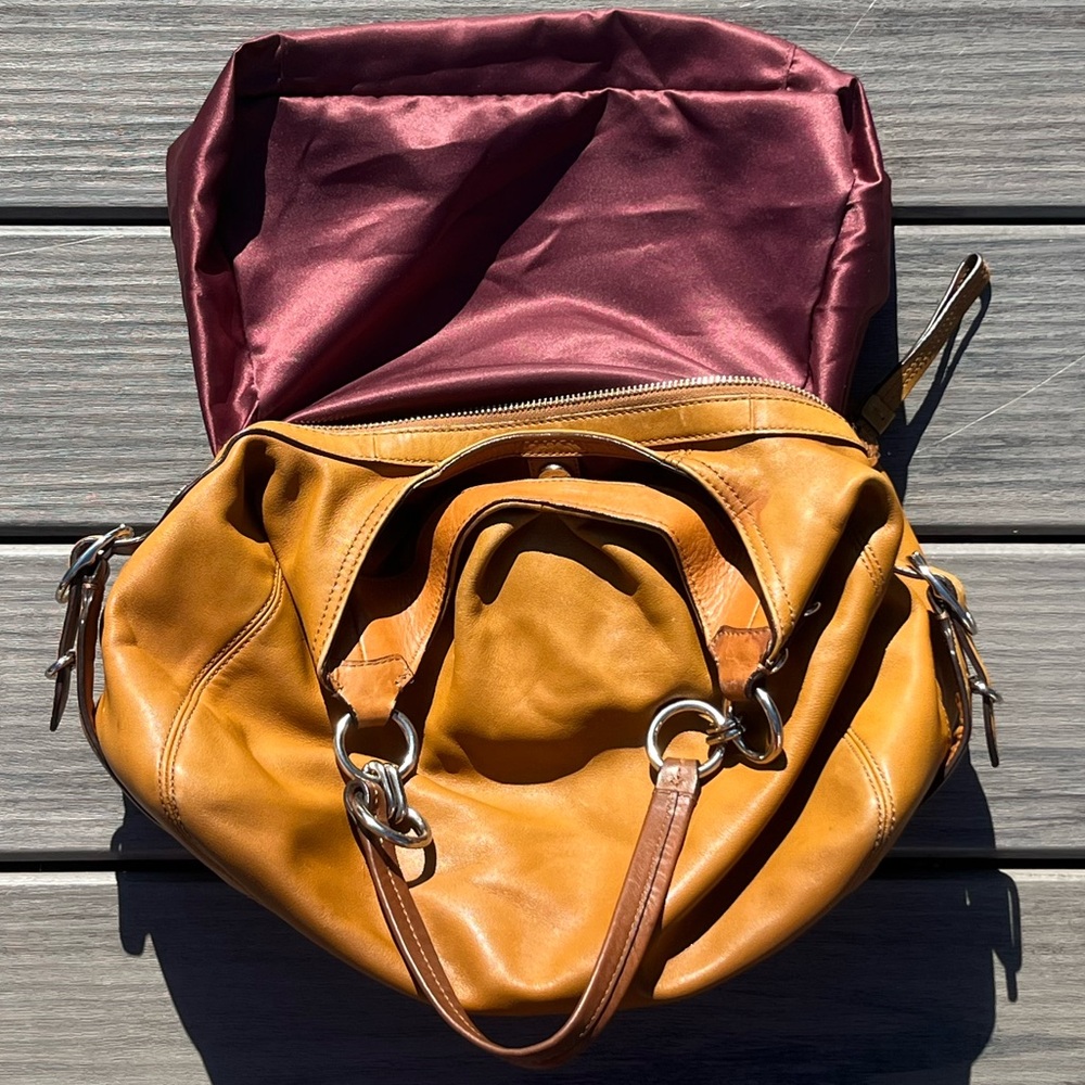 Coach; Golden Brown Leather Hobo Bag; 3 Section; Burgundy Interior; Duel Handles - Picture 9 of 16